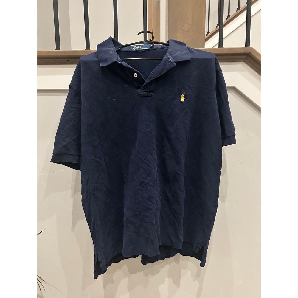 Polo Ralph Lauren Pique Polo Shirt Mens XXL Navy Blue Yellow Pony Short Sleeve